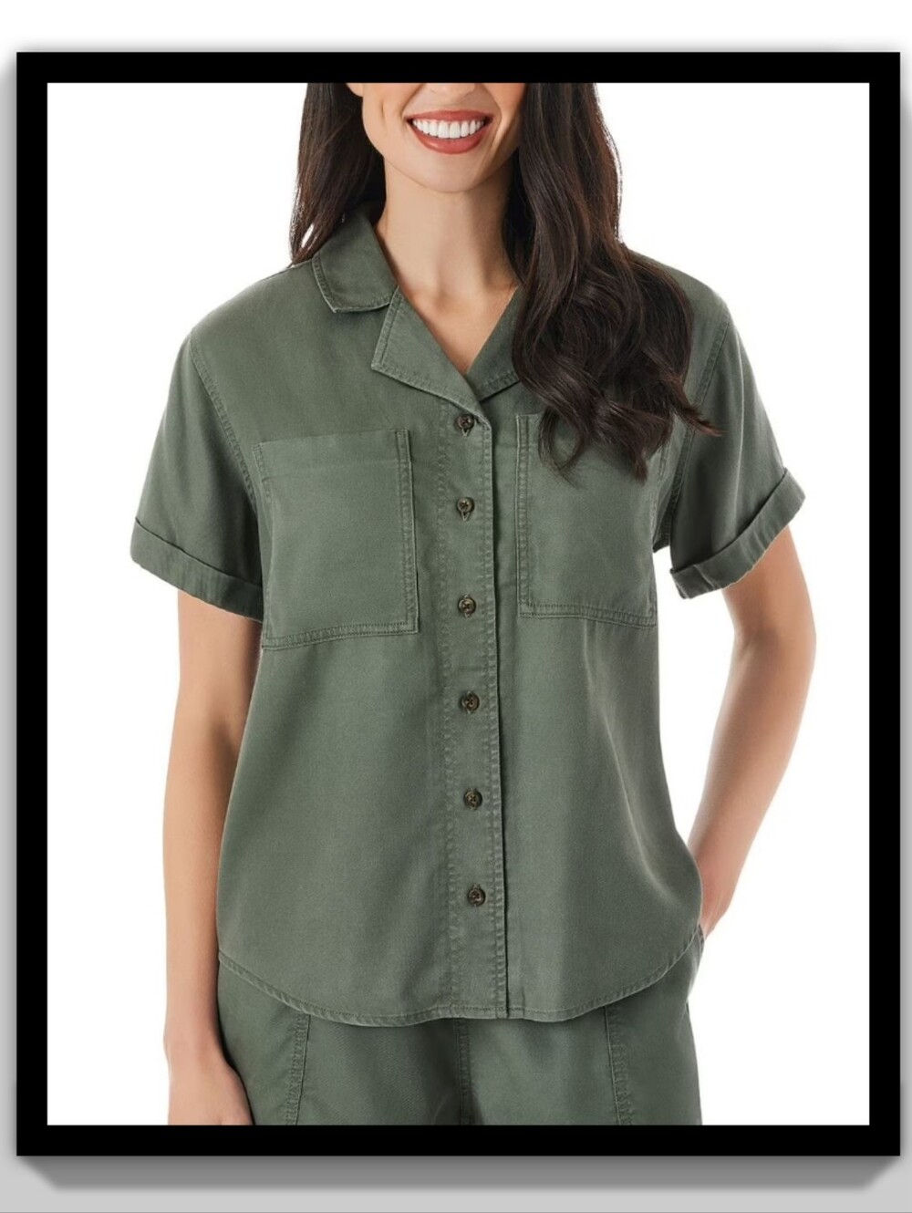 Nwt Women’s Short-Sleeve Button-Down Shirt in Olive Size Small